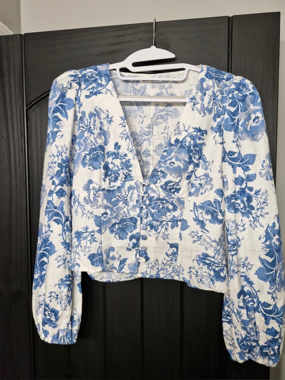 Reformation Blue and White Floral V-Neck Button Front Blouse